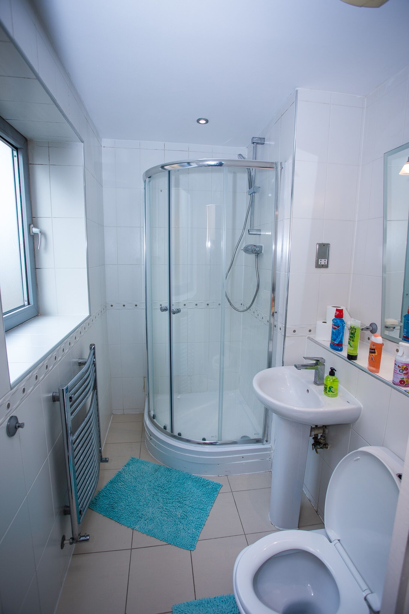 A modern bathroom with a glass shower enclosure, a white sink, and a toilet.