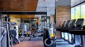 A modern gym with cardio equipment, weight machines, and a mirrored wall. - Luxury Apartments St Ivan Rilski SPA 4 (Bansko)