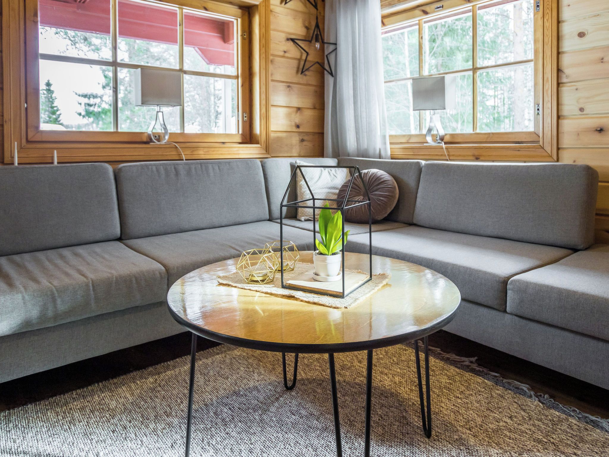 A modern living room with a grey sectional sofa, a round coffee table, and a potted plant.