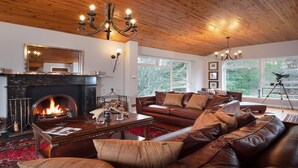 A cozy living room with a fireplace, leather sofa, and a telescope. - Four Pines Lodge -  a house that sleeps 8 guests  in 4 bedrooms (Dulnain Bridge)