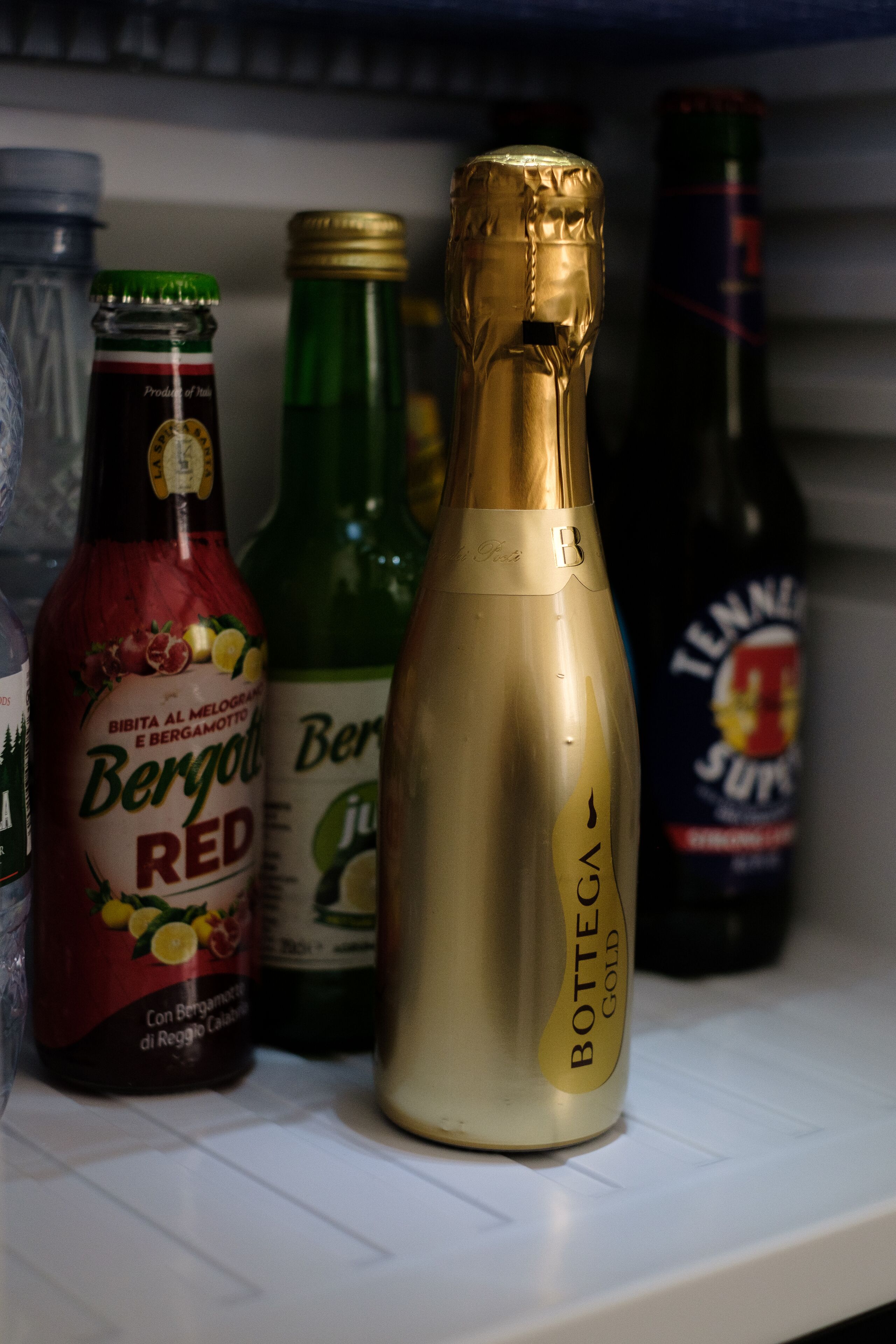 A refrigerator shelf with various bottles, including a red bottle labeled "Bergotto RED," a green bottle, and a gold bottle labeled "Bottega Gold."