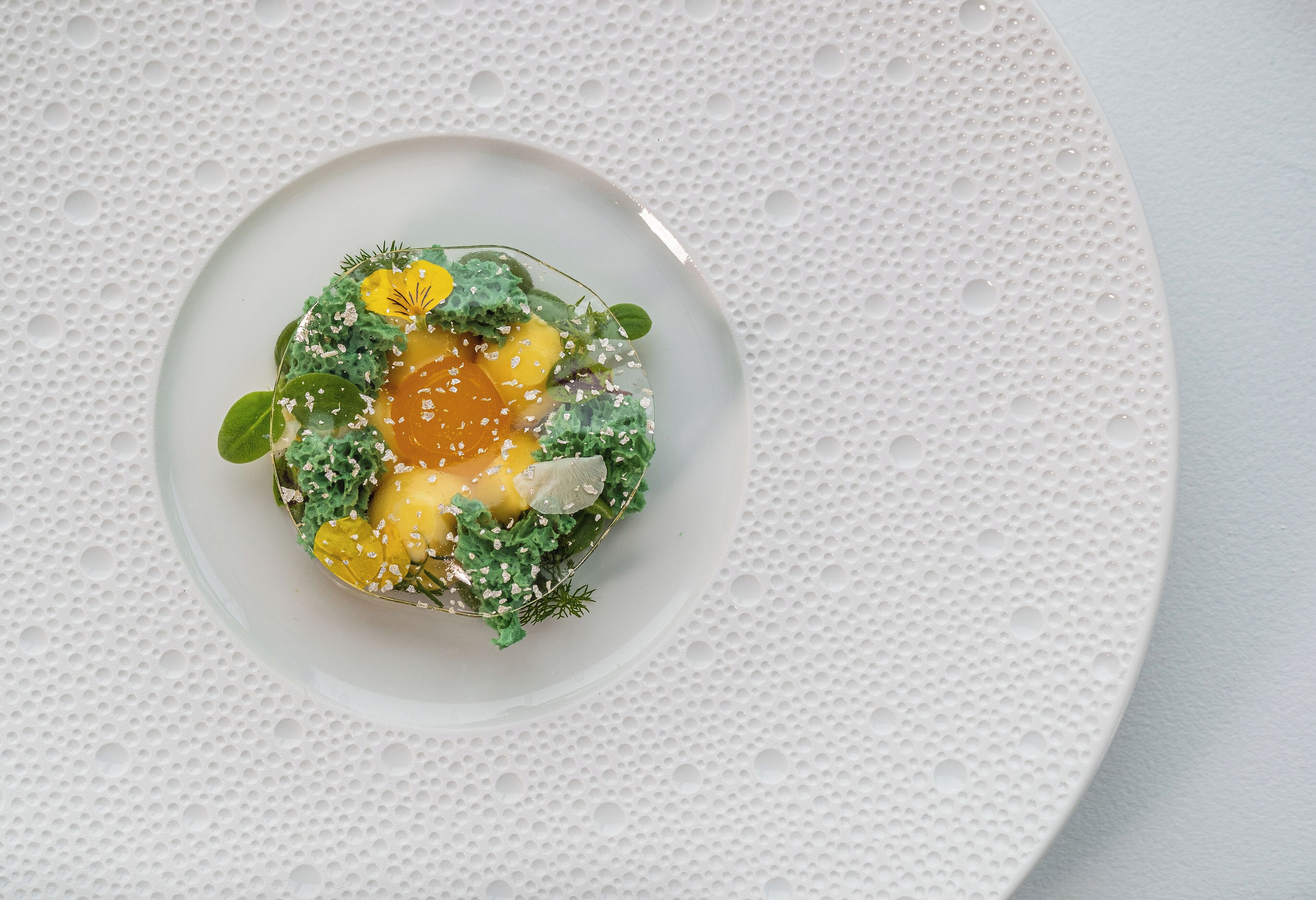 A white plate with a textured surface, containing a dish with green leaves, yellow elements, and a central orange item, possibly an egg yolk, garnished with white specks.