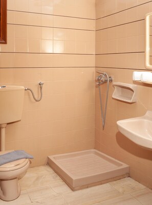 Bathroom features a pedestal sink, toilet, and shower area with handheld showerhead.