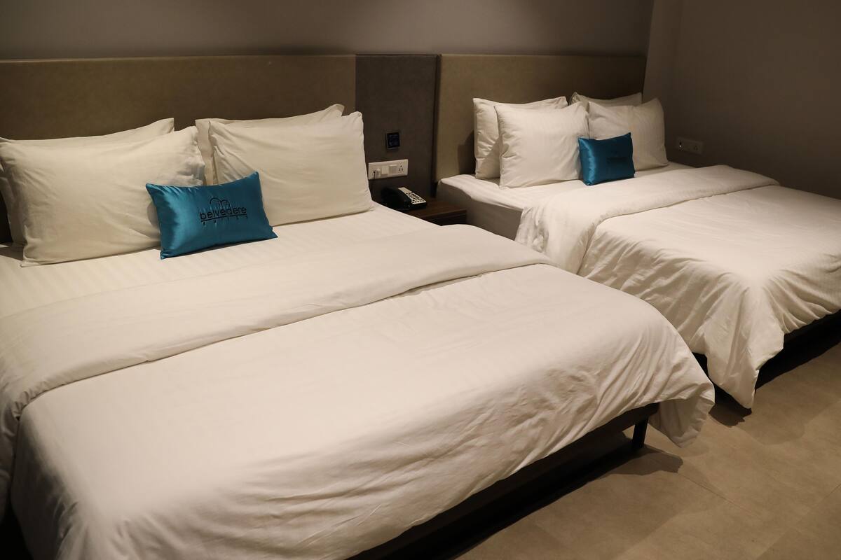 Two single beds with white linens and blue pillows, a bedside table with a phone, and a wall-mounted control panel.