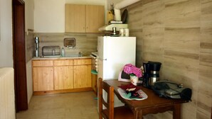 A compact kitchen with wooden cabinets, a white refrigerator, and a small dining table with a chair. - Paradeisos Double Room 6 (Zagora-Mouresi)
