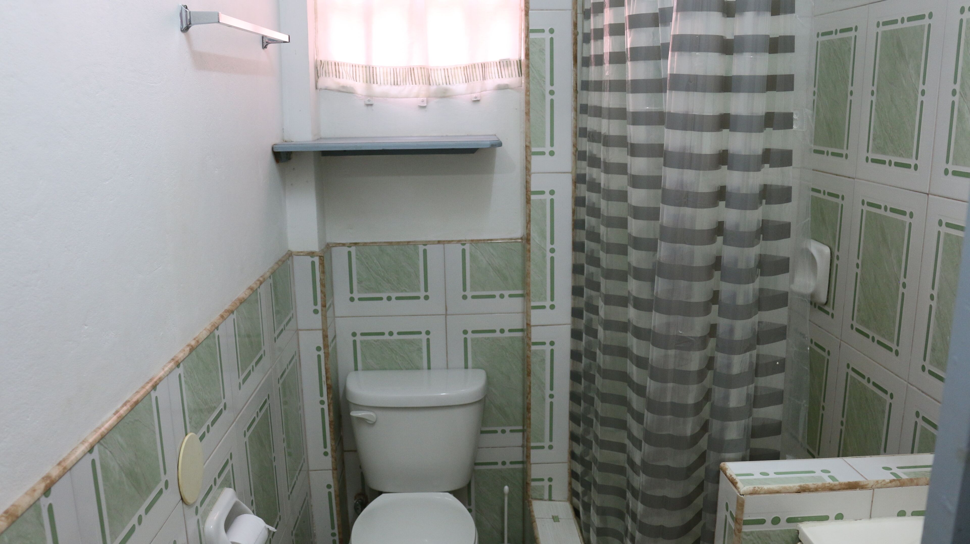 Une petite salle de bain avec des toilettes, une étagère au-dessus des toilettes et un rideau de douche.