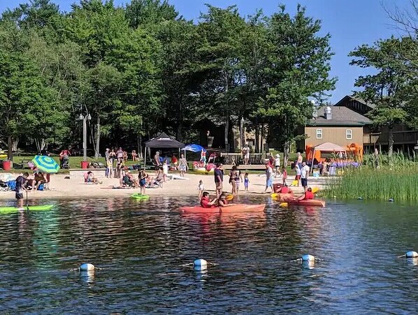 Enjoy water activities and scenic views from the lakeside beach.