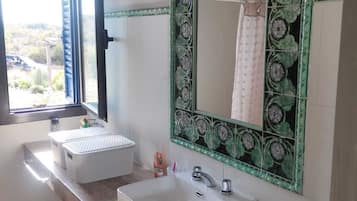 Shower, bidet, towels, soap