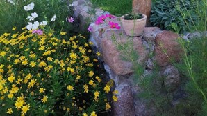 A garden with a wooden pergola, a hammock, and a variety of flowers.