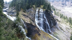 Ein Wasserfall stürzt über eine felsige Klippe, umgeben von dichtem Wald.