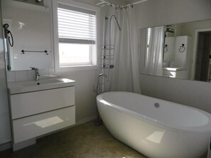 Combined shower/bathtub, hair dryer, towels, soap