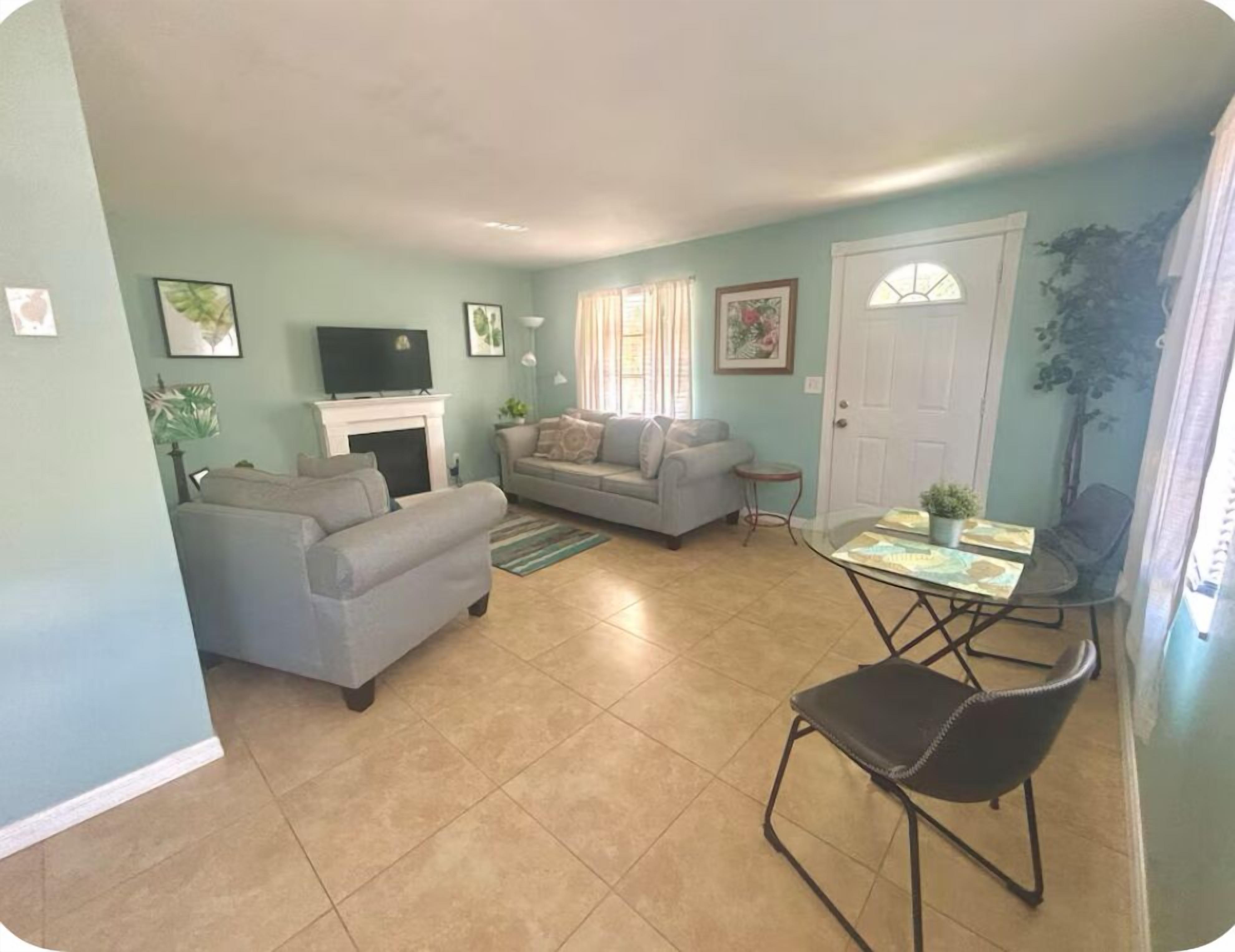 Smart TV, fireplace, books