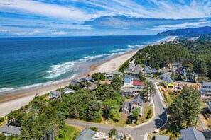 An aerial view of a coastal residential area with houses, a beach, and a forested hillside.