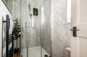 Une douche fermée par des parois en verre, dotée d’un pommeau de douche à main, d’un porte-serviettes et d’une plante en pot.