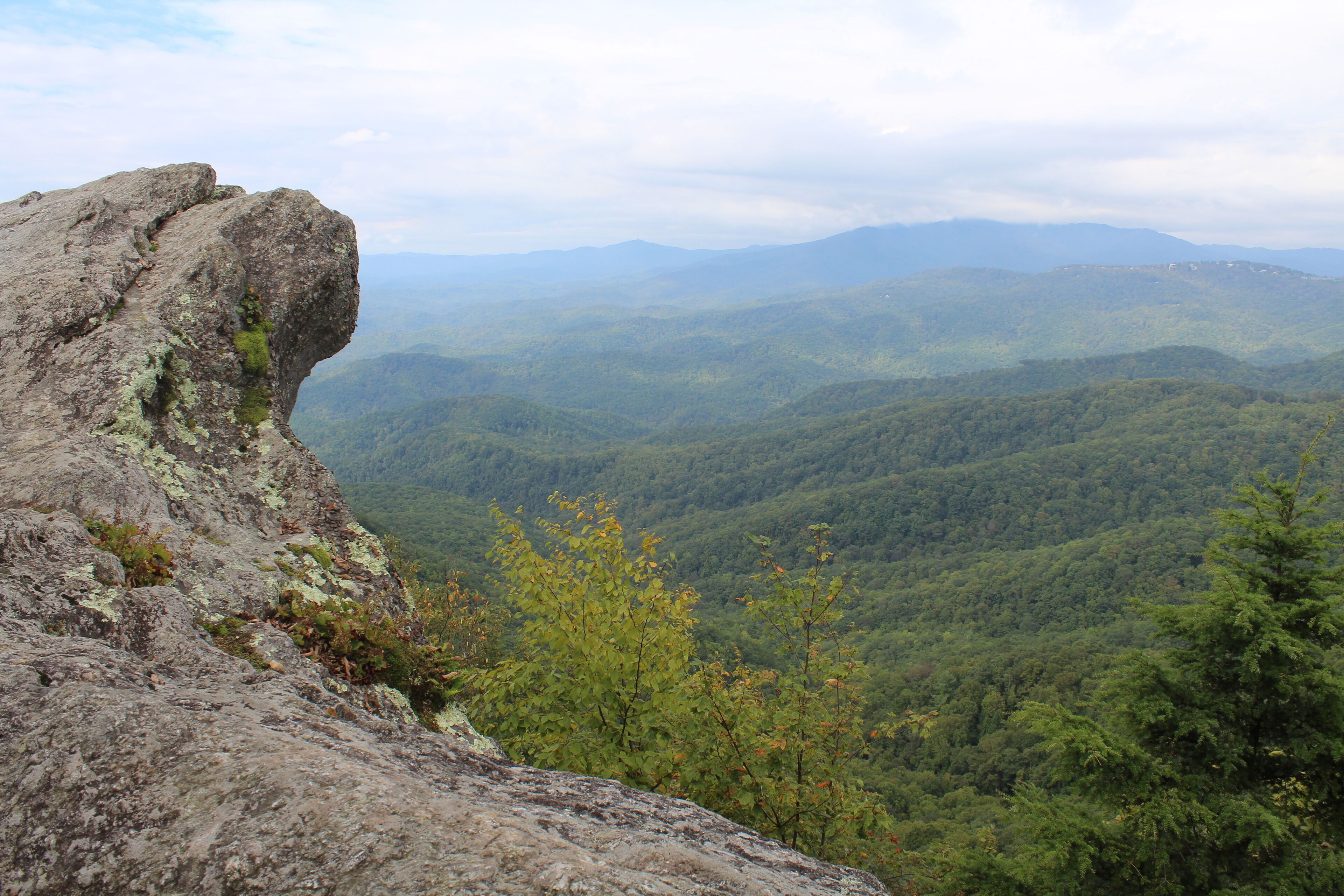A mountainous landscape with a rocky outcrop and dense forest.