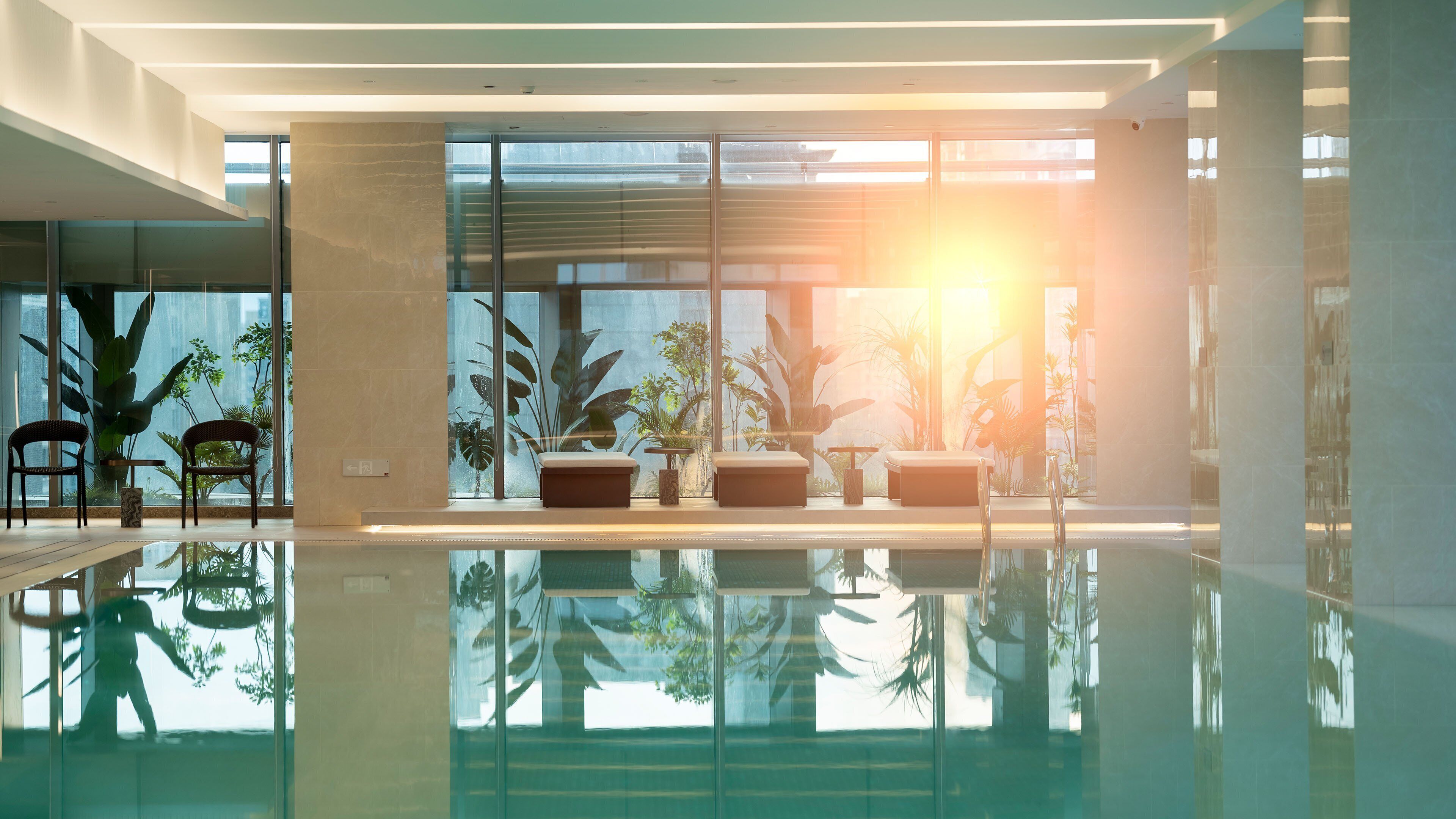 A modern indoor pool area with glass walls, lounge chairs, and potted plants.