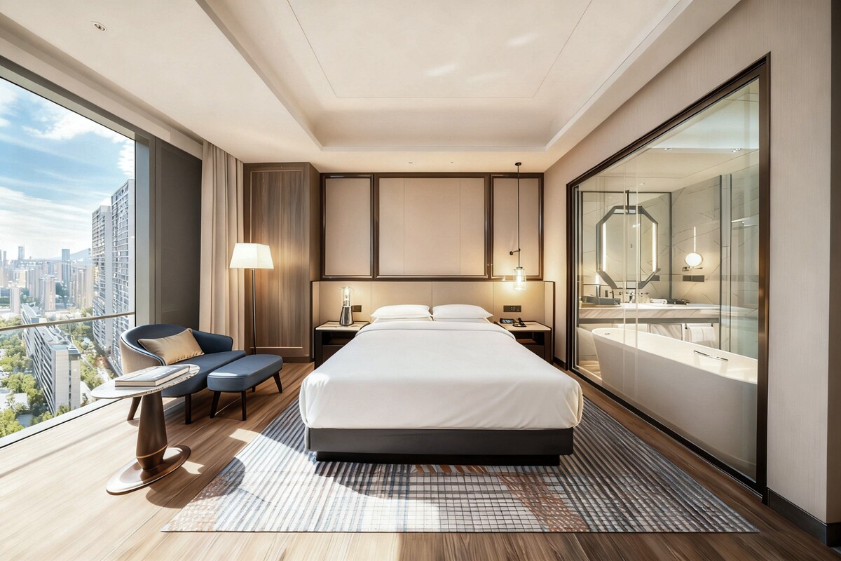 A modern hotel room with a large bed, a seating area with a chair and table, a glass-enclosed bathroom, and a city view.