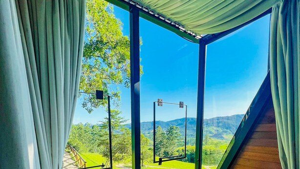 Un dormitorio con un amplio ventanal que da a un paisaje verde y un aro de baloncesto.