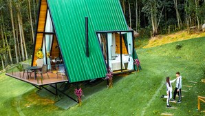Una cabaña moderna con techo verde y terraza, rodeada de césped y árboles.