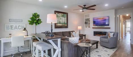 Smart TV, fireplace, books