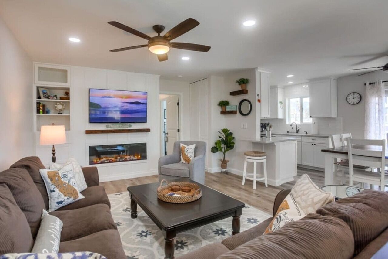 Smart TV, fireplace, books