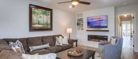 Smart TV, chimenea, libros