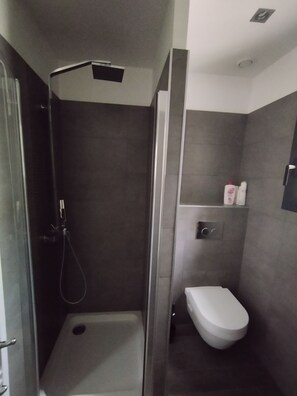 Douche, sèche-cheveux, serviettes fournies, savon