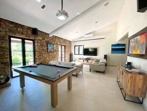 Smart TV, fireplace, video games, DVD player