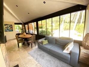 Smart TV, fireplace, video games, DVD player