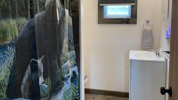 Hair dryer, towels, soap, shampoo