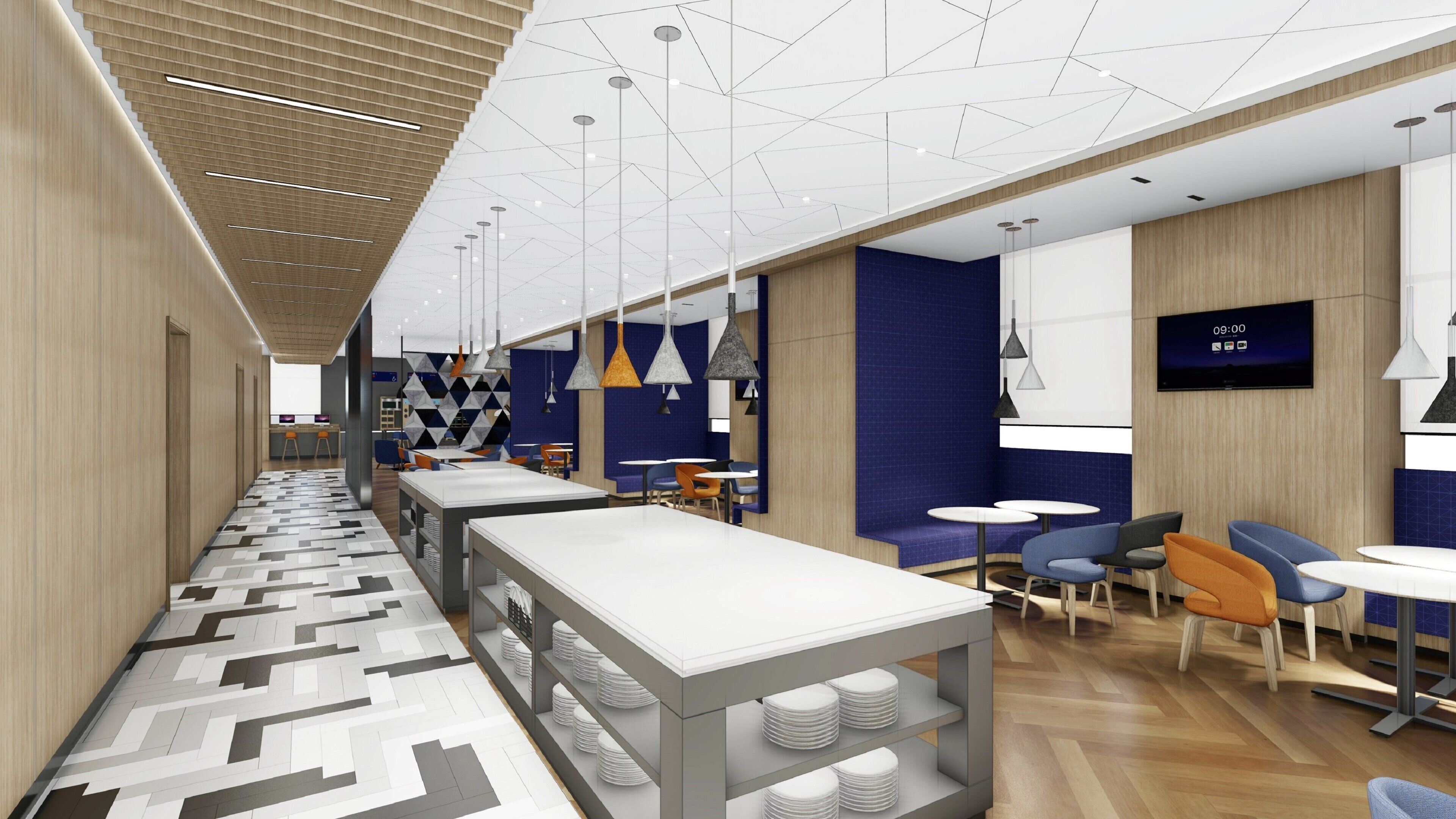 A modern restaurant with a long counter, multiple tables, and a variety of seating options.