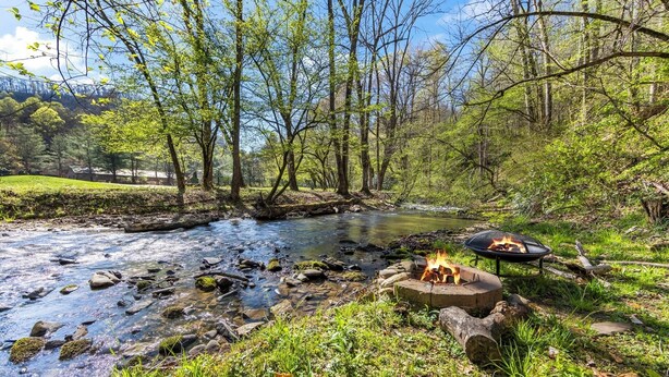 A river with a campfire and a grill in a forested area. - Condo w/ Creek, Golf & Mtn Views, Only 5 Steps to get in and Washer & Dryer! (Whittier)