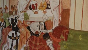 A medieval scene with a group of people in period attire, a horse, and a tent-like structure. - affittacamere i due cavalieri (Turin)