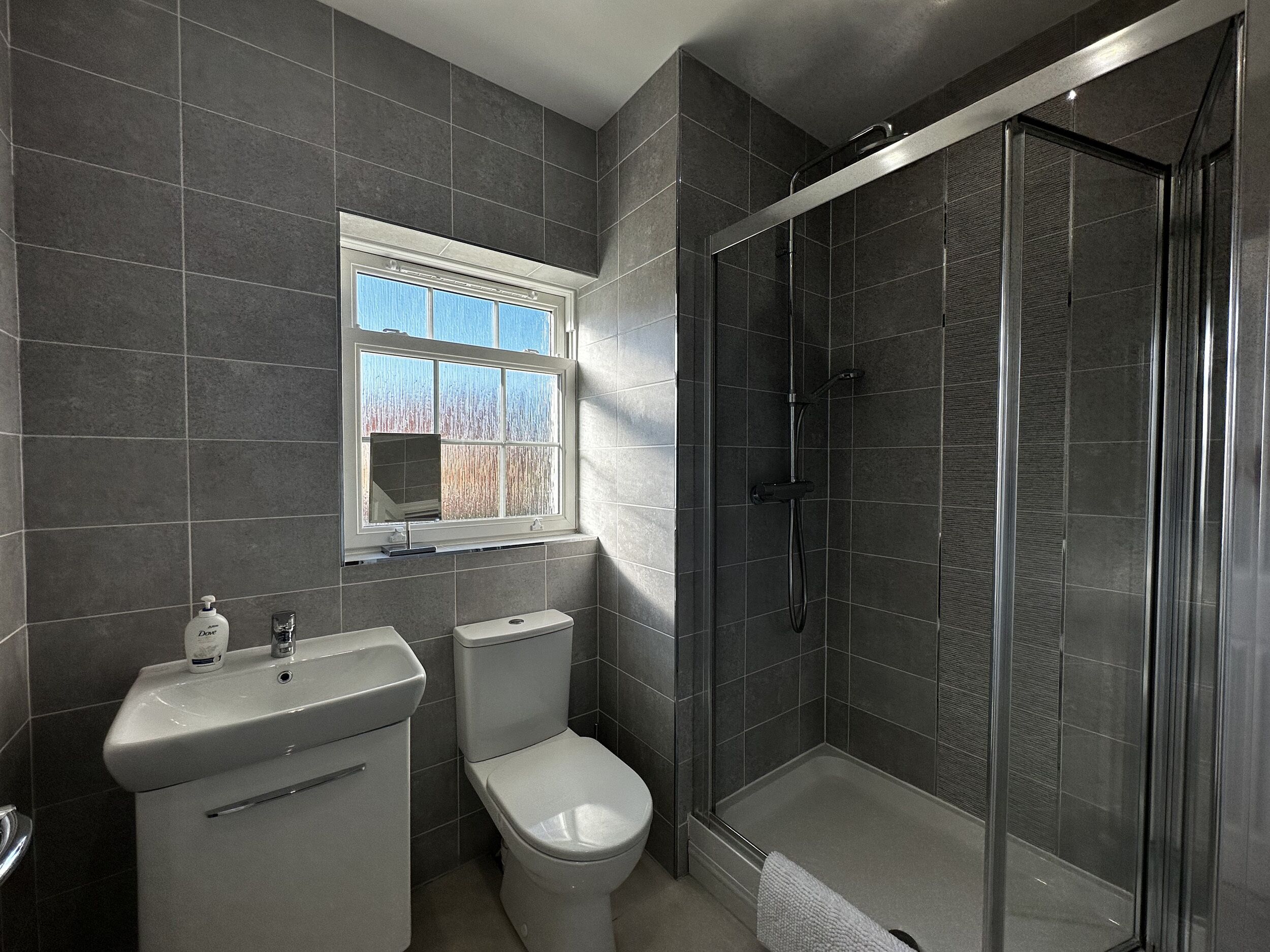 Et moderne badeværelse med bruser, toilet og vask.