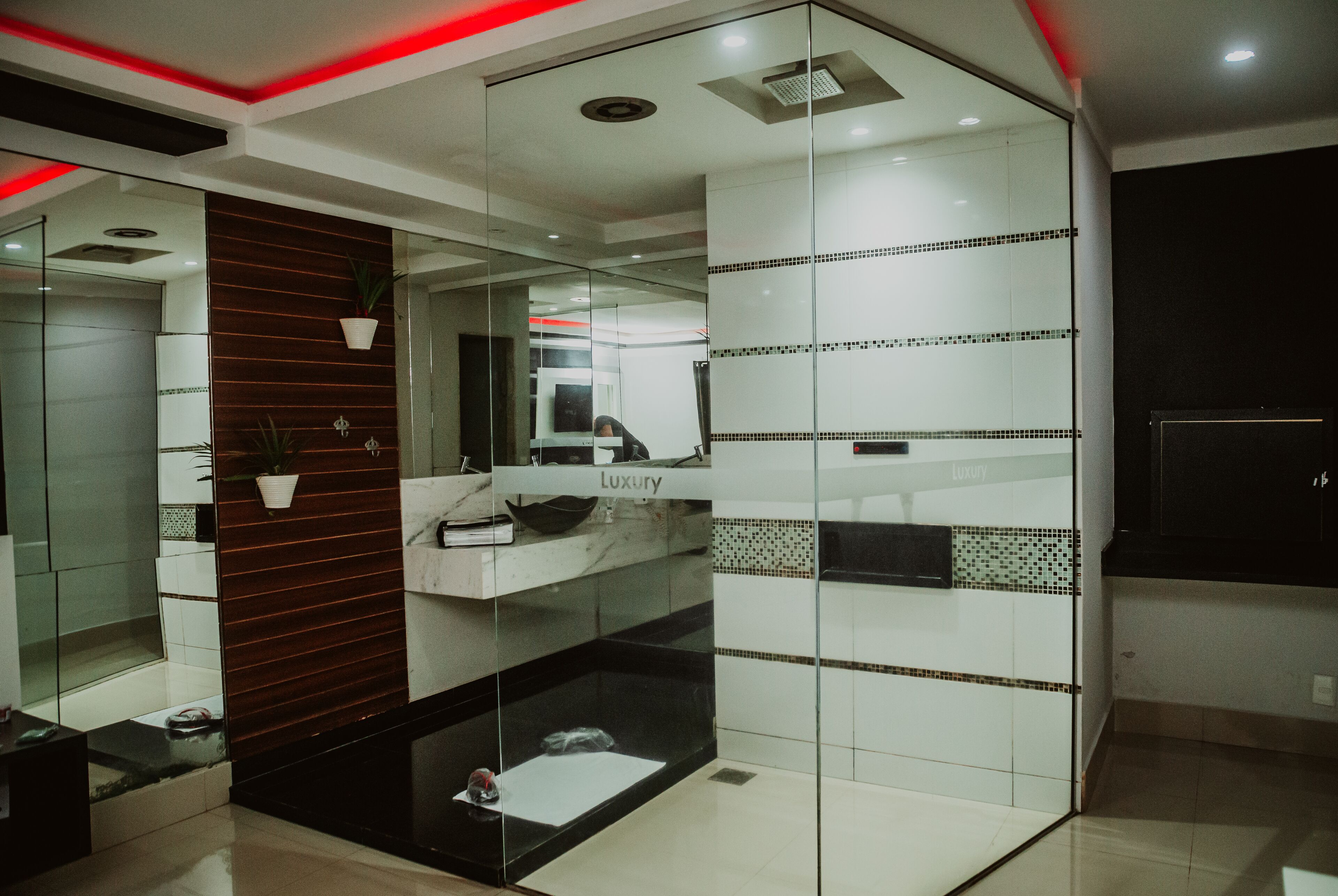 Un baño moderno con cabina de vidrio, panel de madera y pared revestida de azulejos con la etiqueta 'Luxury'.