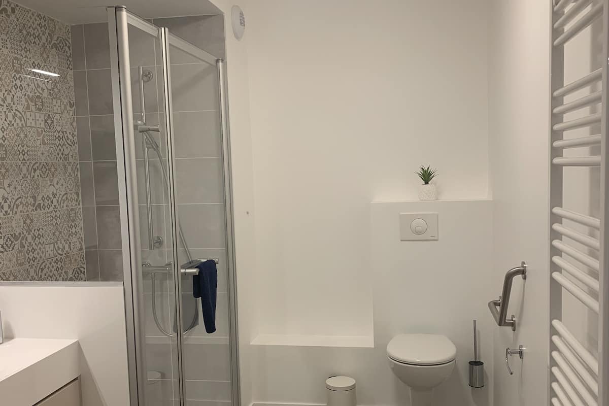 Estudio | Baño | Regadera, secadora de cabello, toallas