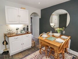 Fridge, electric kettle, toaster, cookware/dishes/utensils