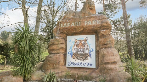 Señal para Safari Park con ilustración de un tigre y el texto 'Discover It All'.