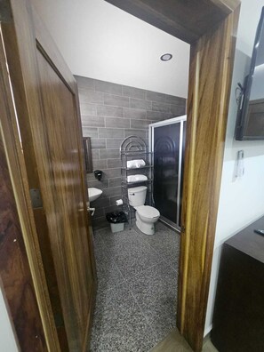 A narrow bathroom with a toilet, sink, and a shower area. - MC HOTEL SALDARRIAGA QUERETARO (El Marques)