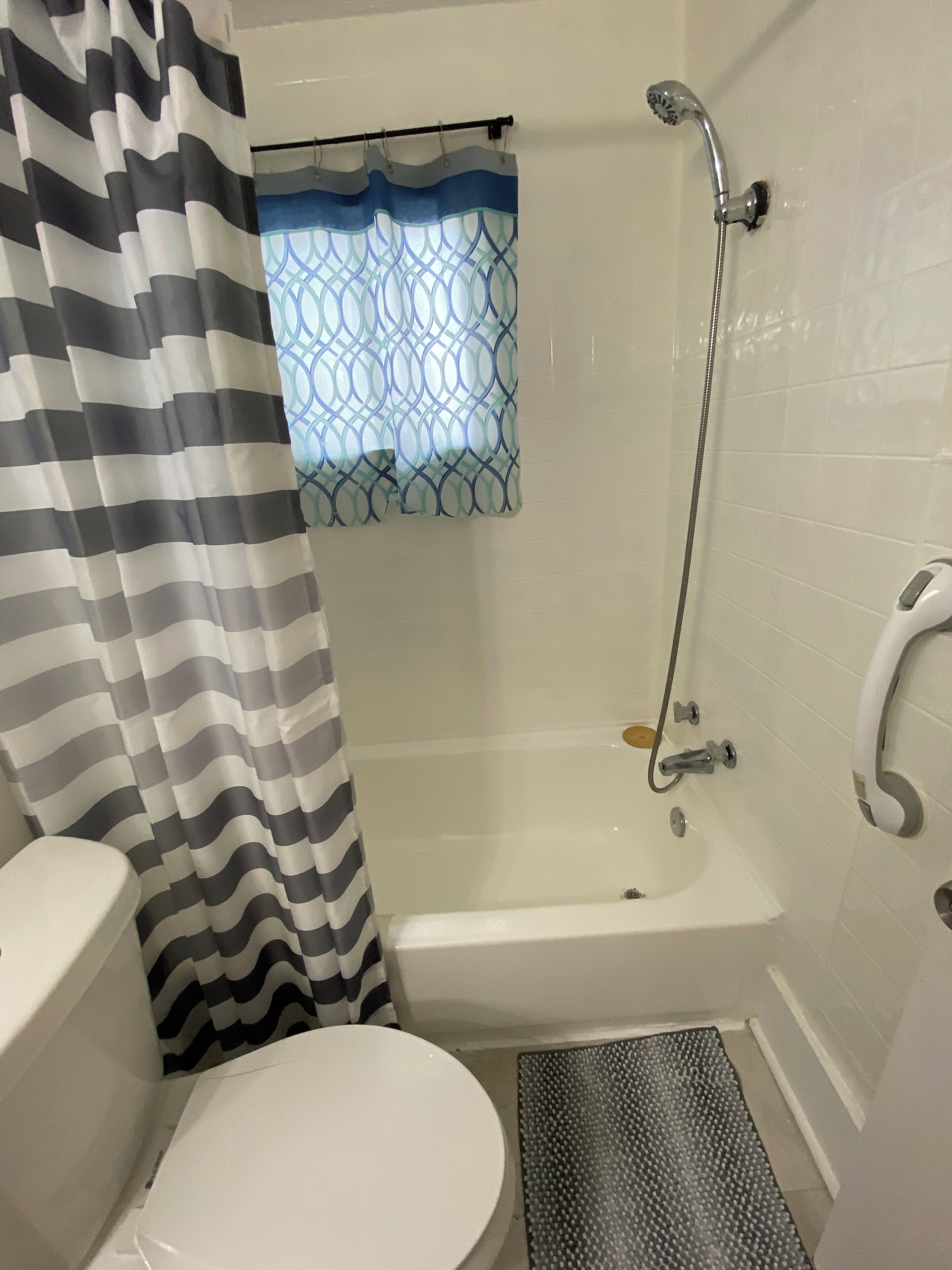 A bathroom with a shower, toilet, and a patterned curtain.
