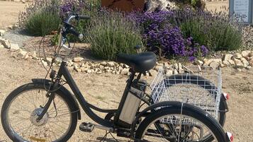 A bicycle parked on a gravel path with a metal basket attached to the rear. In the background, there are houses with red roofs and a sign that reads 'Montevale.'