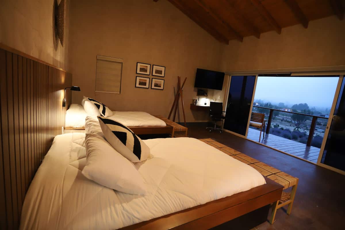 A bedroom with a large bed, a smaller bed, a TV, and a balcony with a view.