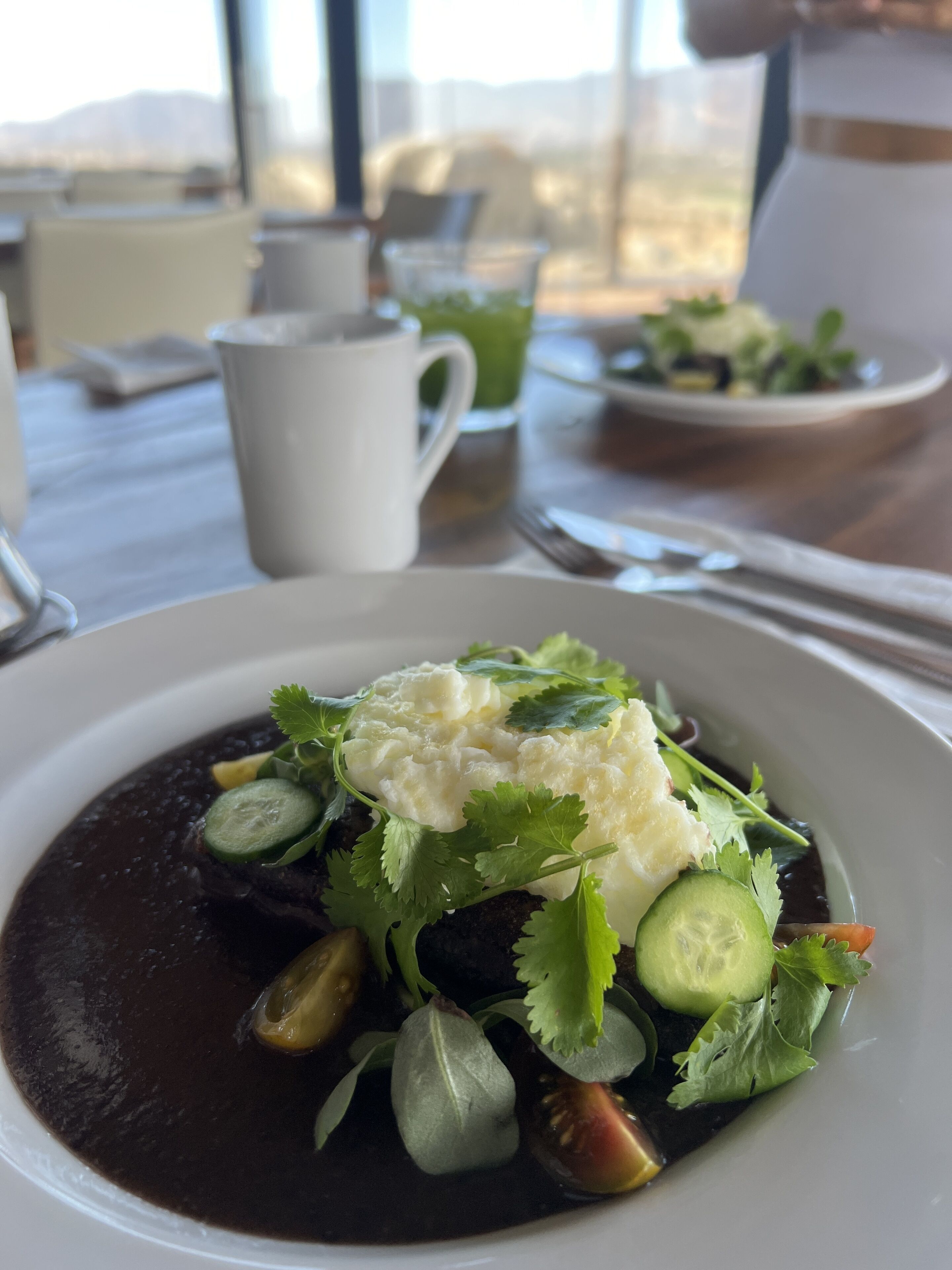 Un plato de comida con salsa oscura, cubierto con una sustancia cremosa y decorado con hojas verdes.