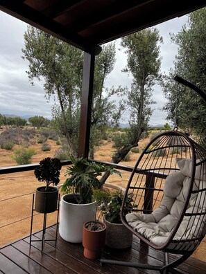 A covered outdoor seating area with a hanging chair and potted plants. - Montevalle Resort and Spa (Valle de Guadalupe)