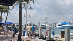 A marina with boats docked, people walking, and a covered walkway with palm trees. - NEW LISTING - 3 Min Walk-Beach, Hot Tub, Tennis, Wi-Fi (Riviera Beach)