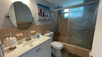 Hair dryer, towels, soap, shampoo