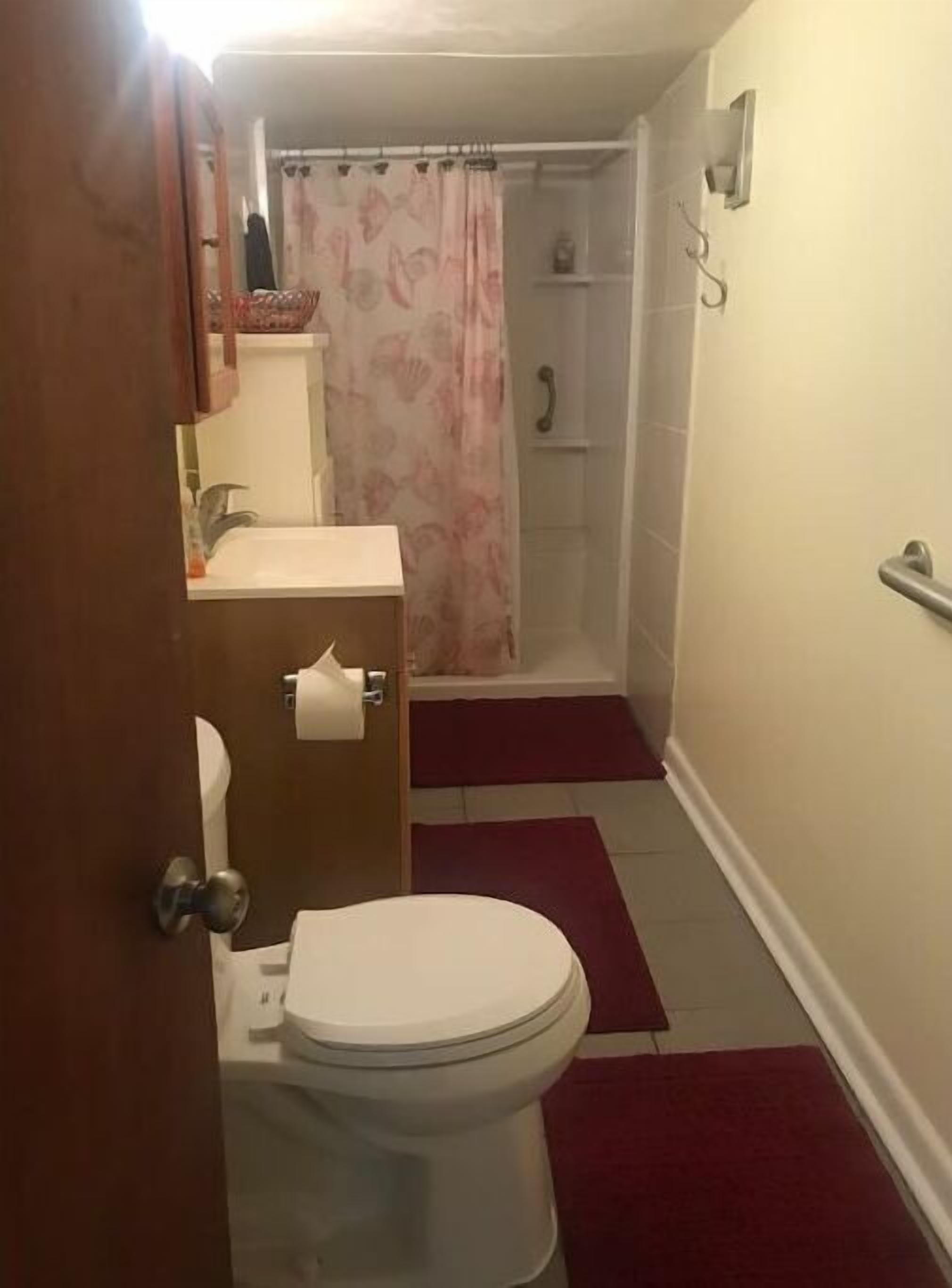 Un baño pequeño con inodoro, lavamanos y zona de ducha.