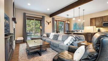 Smart TV, fireplace, video games, DVD player