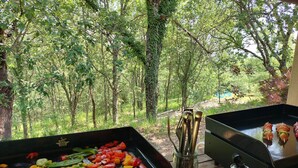 Una parrilla al aire libre con verduras y brochetas, una lata de aceite de oliva y vistas a un área boscosa.