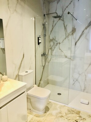 Shower, hair dryer, towels